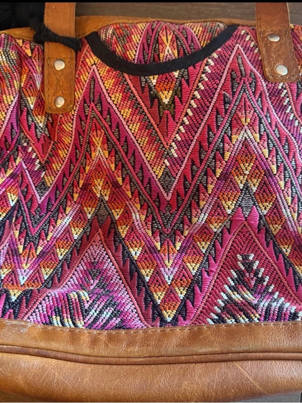Handwoven Pink Patterned Tote Bag with Leather Trim - Picture 7 of 11